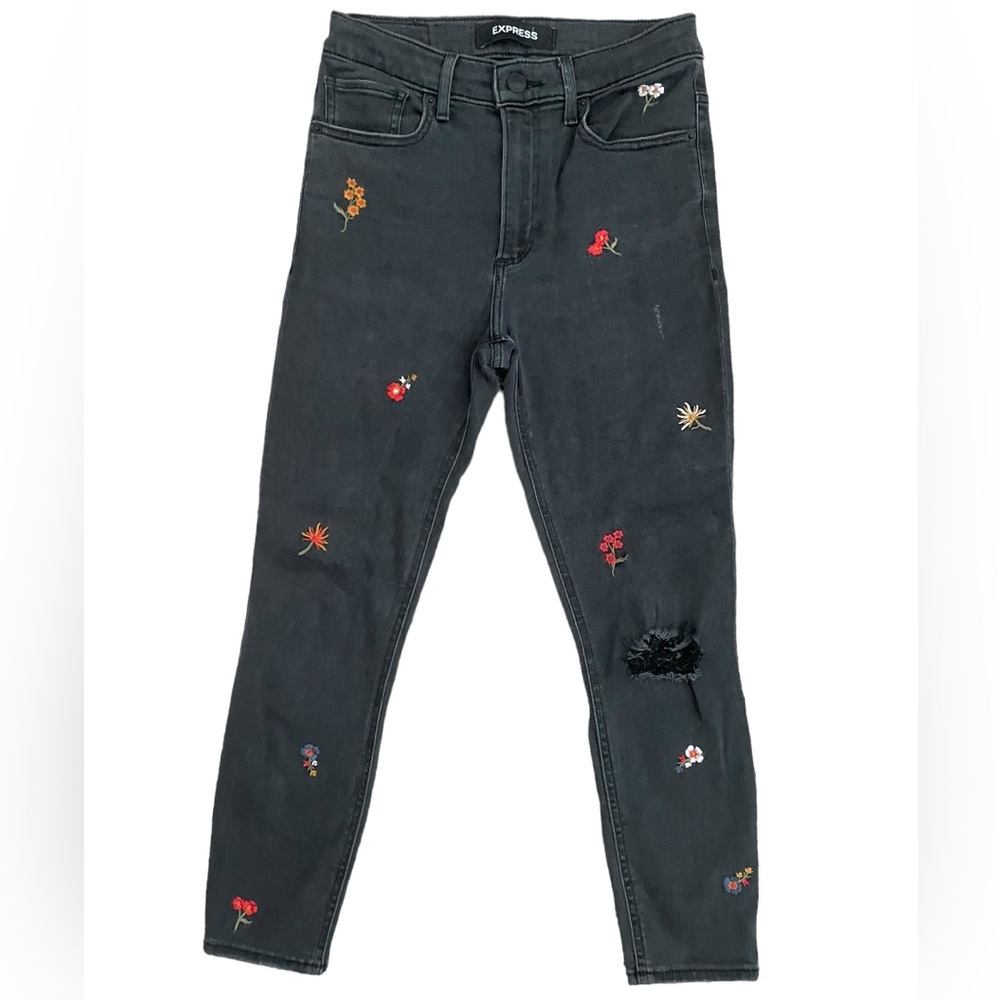 Express Size 4 Short Floral Embroidered Black High rise Skinny Ankle Jeans